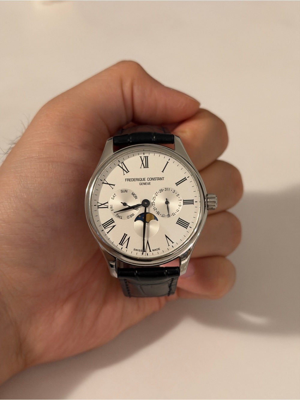 Frederique Constant Men’s Moonphase Watch with Genuine Black Leather Strap